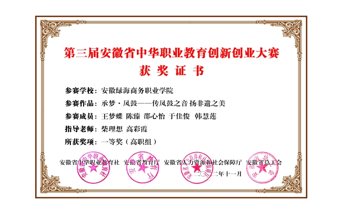 第三届安徽省中华职业教育创新创业大赛一等奖